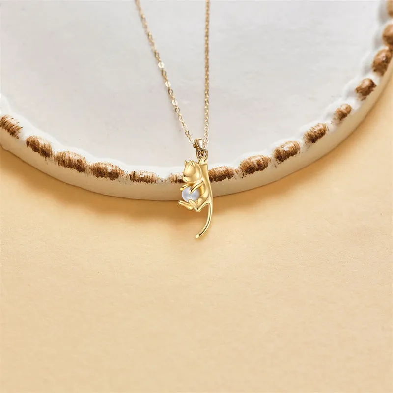 14K Real Gold Cat Pearl Cute Necklace Jewelry for Women Birthday Mothers Day Gift for Women Girl Her Girlfrien