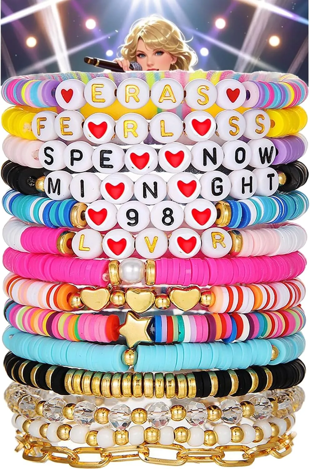 14Pcs Friendship Bracelets, Inspired Letter Bracelets Set, Colorful Stretchy Heishi Preppy Bracelets, Singer Music Lovers Fans Concert Merch Gifts for Women Favors