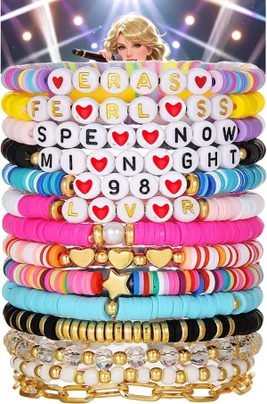 14Pcs Friendship Bracelets, Inspired Letter Bracelets Set, Colorful Stretchy Heishi Preppy Bracelets, Singer Music Lovers Fans Concert Merch Gifts for Women Favors