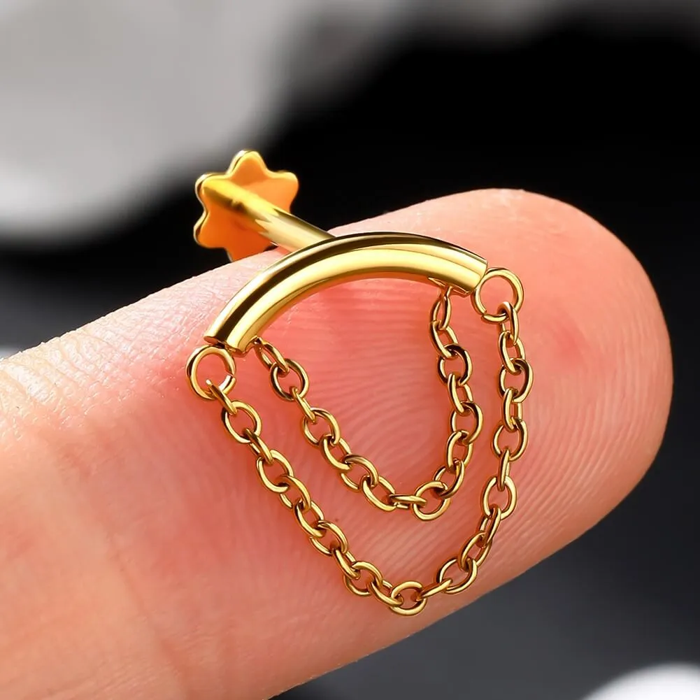 16G Double Chain Flat Back Internally Threaded Cartilage Studs