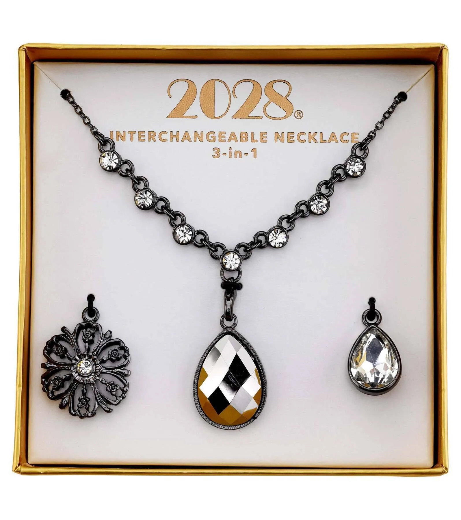 2028 Jewelry 3-In-1 Teardrop & Flower Crystal Interchangeable Necklace Set 16"   3" Extender