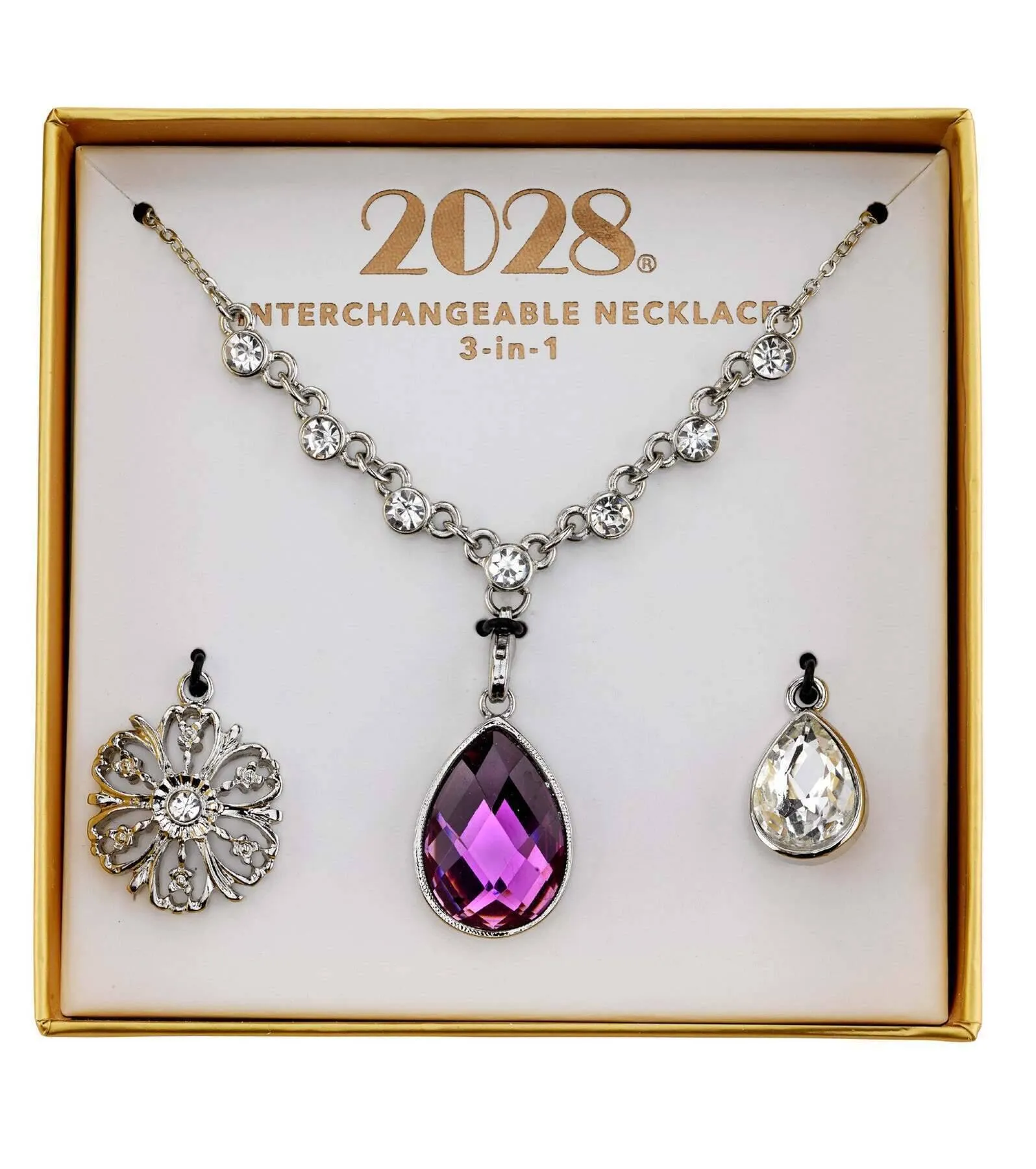 2028 Jewelry 3-In-1 Teardrop & Flower Crystal Interchangeable Necklace Set 16"   3" Extender