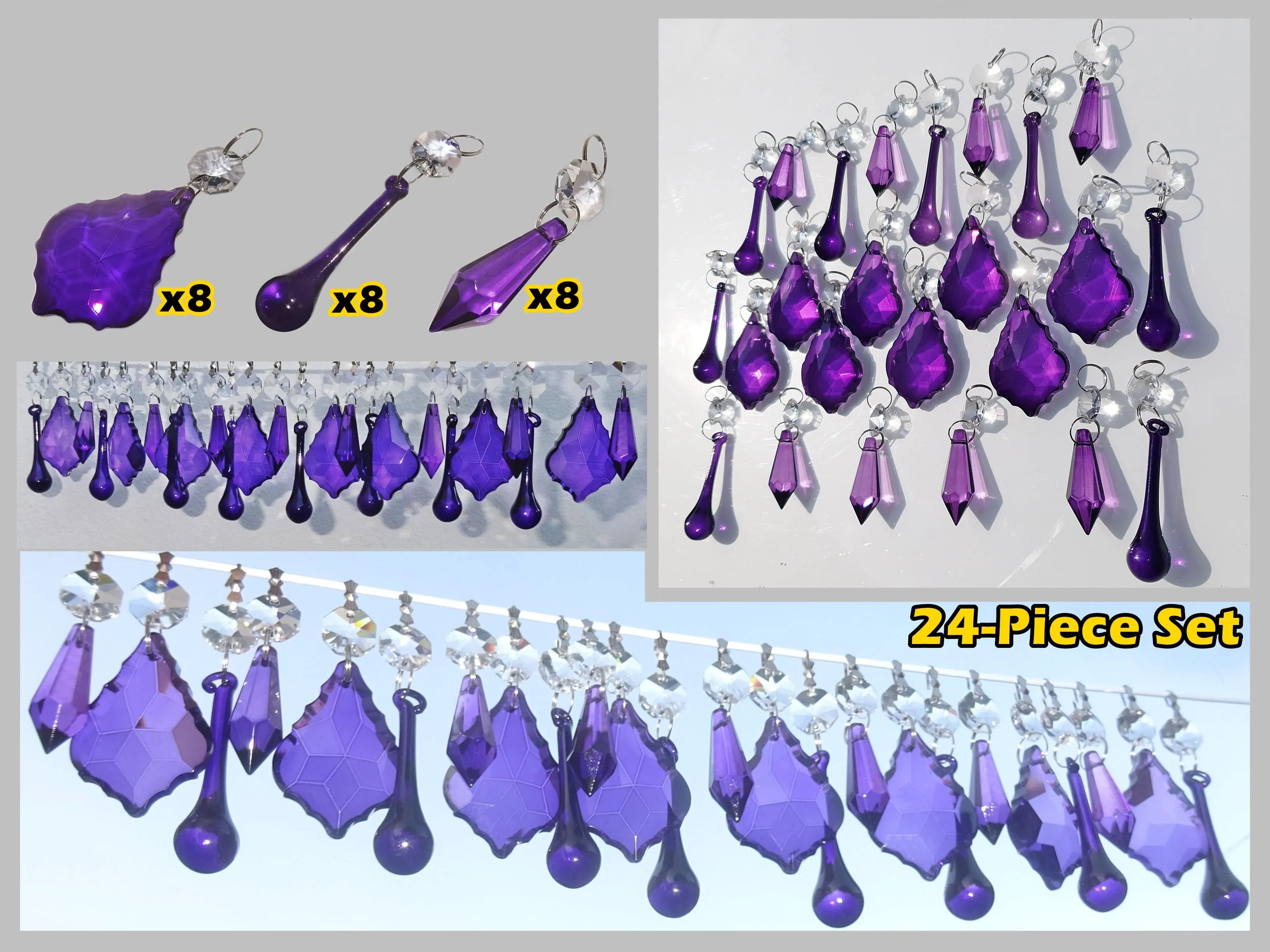 24 Purple Chandelier Drops Crystals Beads Cut Glass Droplets Lamp Light Parts Prisms