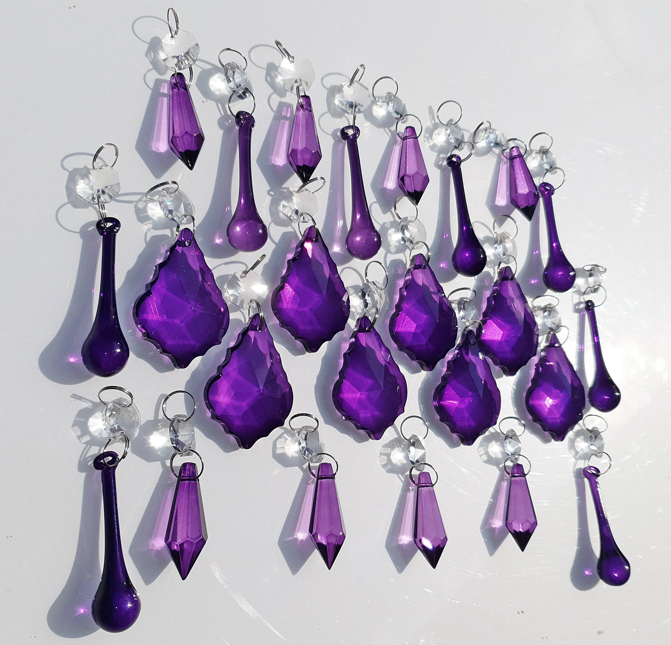 24 Purple Chandelier Drops Crystals Beads Cut Glass Droplets Lamp Light Parts Prisms