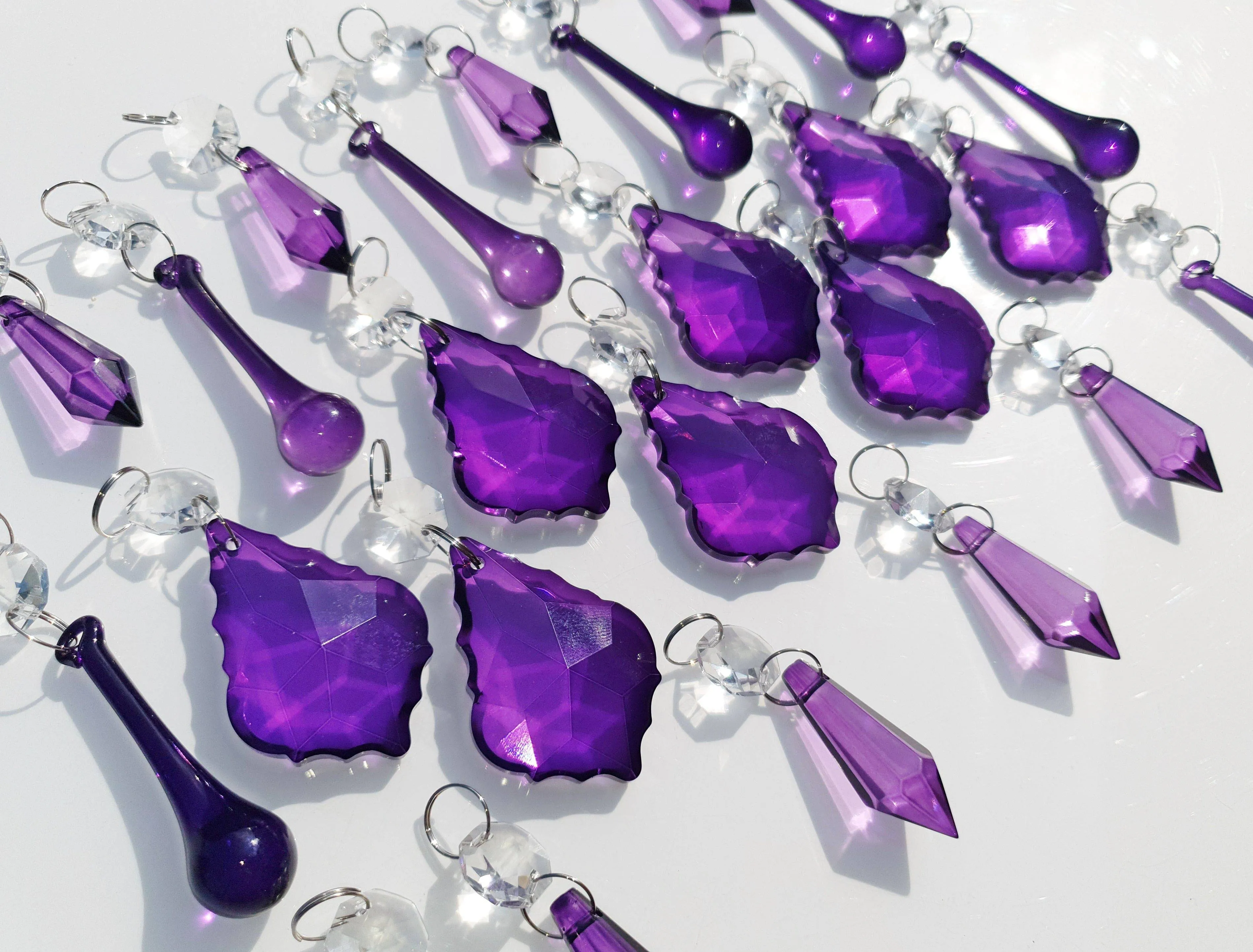 24 Purple Chandelier Drops Crystals Beads Cut Glass Droplets Lamp Light Parts Prisms