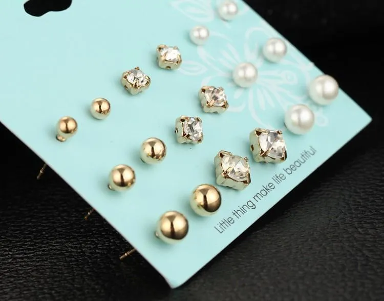 9 Pairs/set Crystal Simulated Pearl Stud Earrings