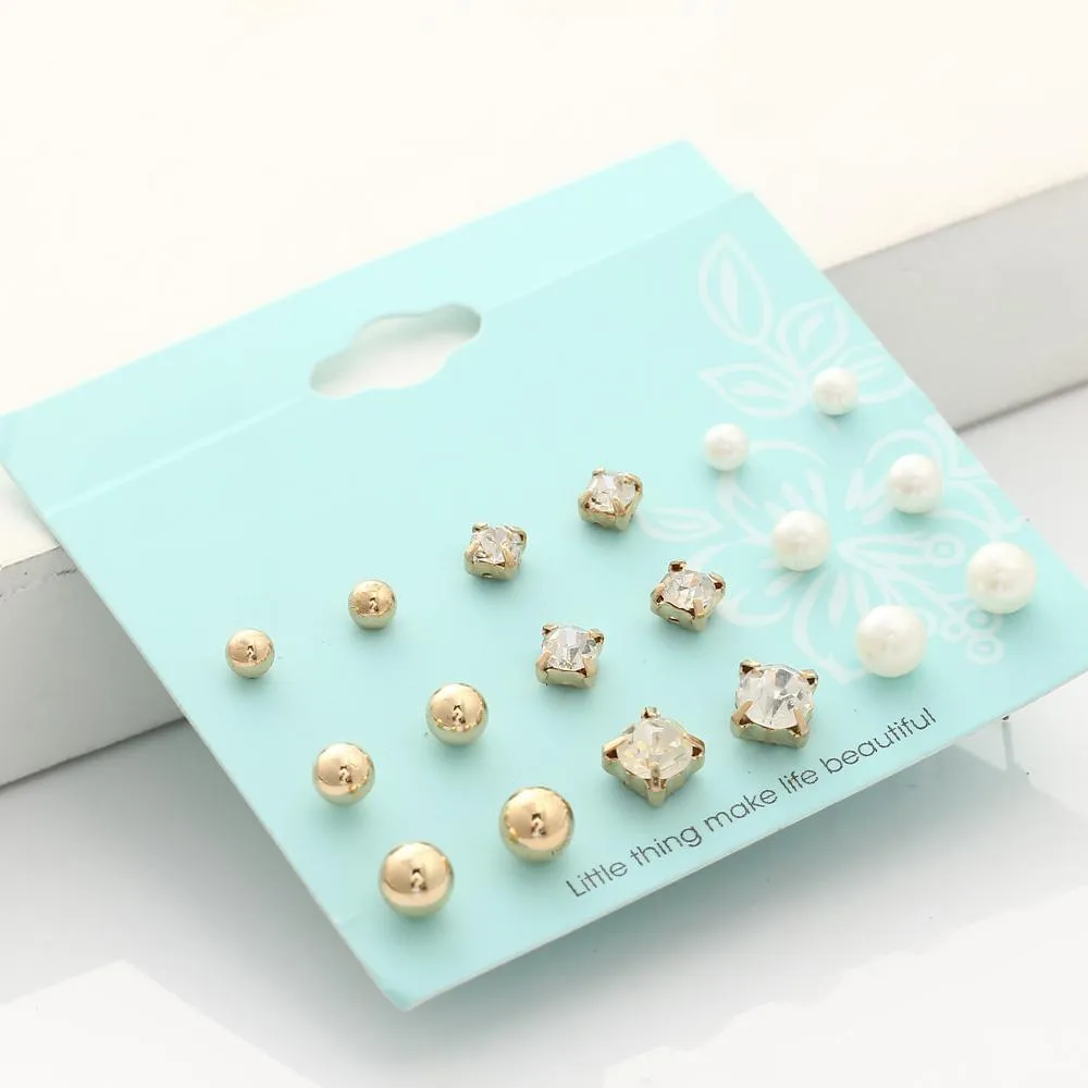 9 Pairs/set Crystal Simulated Pearl Stud Earrings