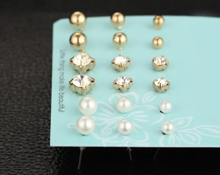 9 Pairs/set Crystal Simulated Pearl Stud Earrings