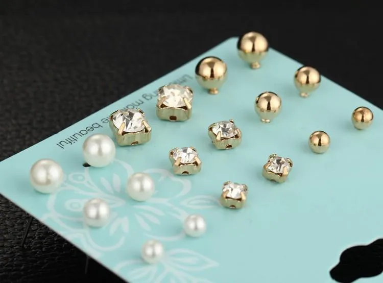 9 Pairs/set Crystal Simulated Pearl Stud Earrings