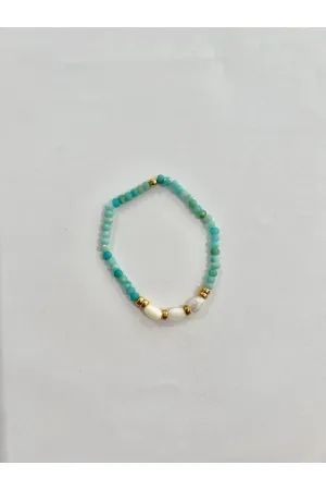 Amazonite with Mother of Pearl Rice Beads 5mm Beaded Bracelet