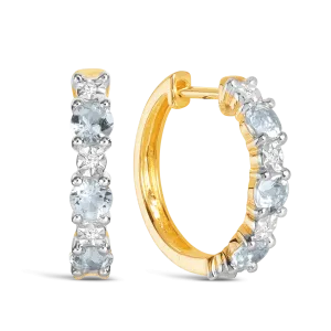 Aquamarine & Diamond Huggie Hoop Earrings in 9ct Yellow Gold