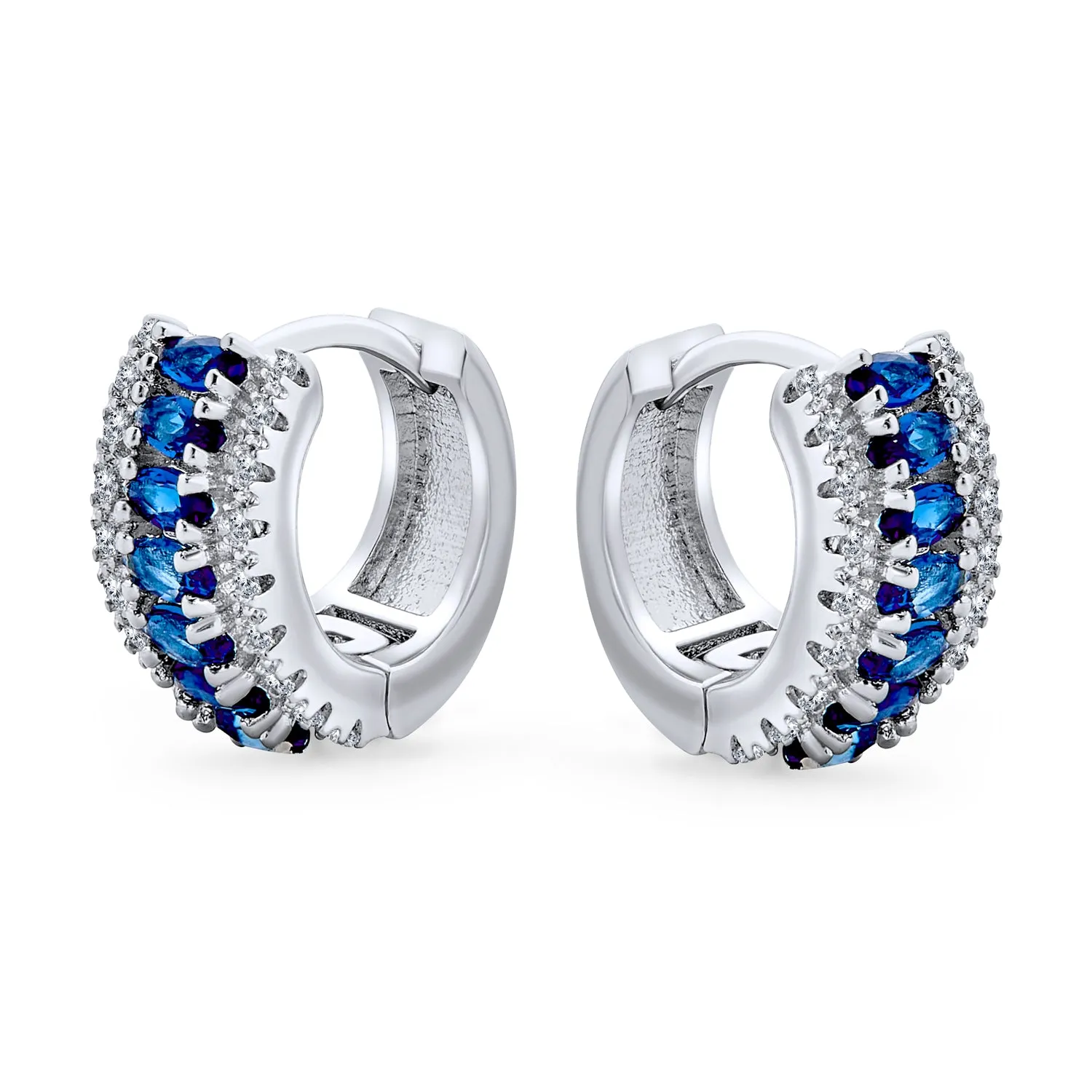 Art Deco Simulated Blue Sapphire CZ Hoop Earrings Silver Plated 0.5 Inch