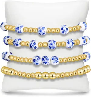BOMAIL Gold Beaded Bracelets for Women Trendy Non Tarnish Gold Bracelet Stack 14K Gold Plated Pearl Bead Bracelets Cross Bracelets Set Stackable Stretch Beads Bracelet