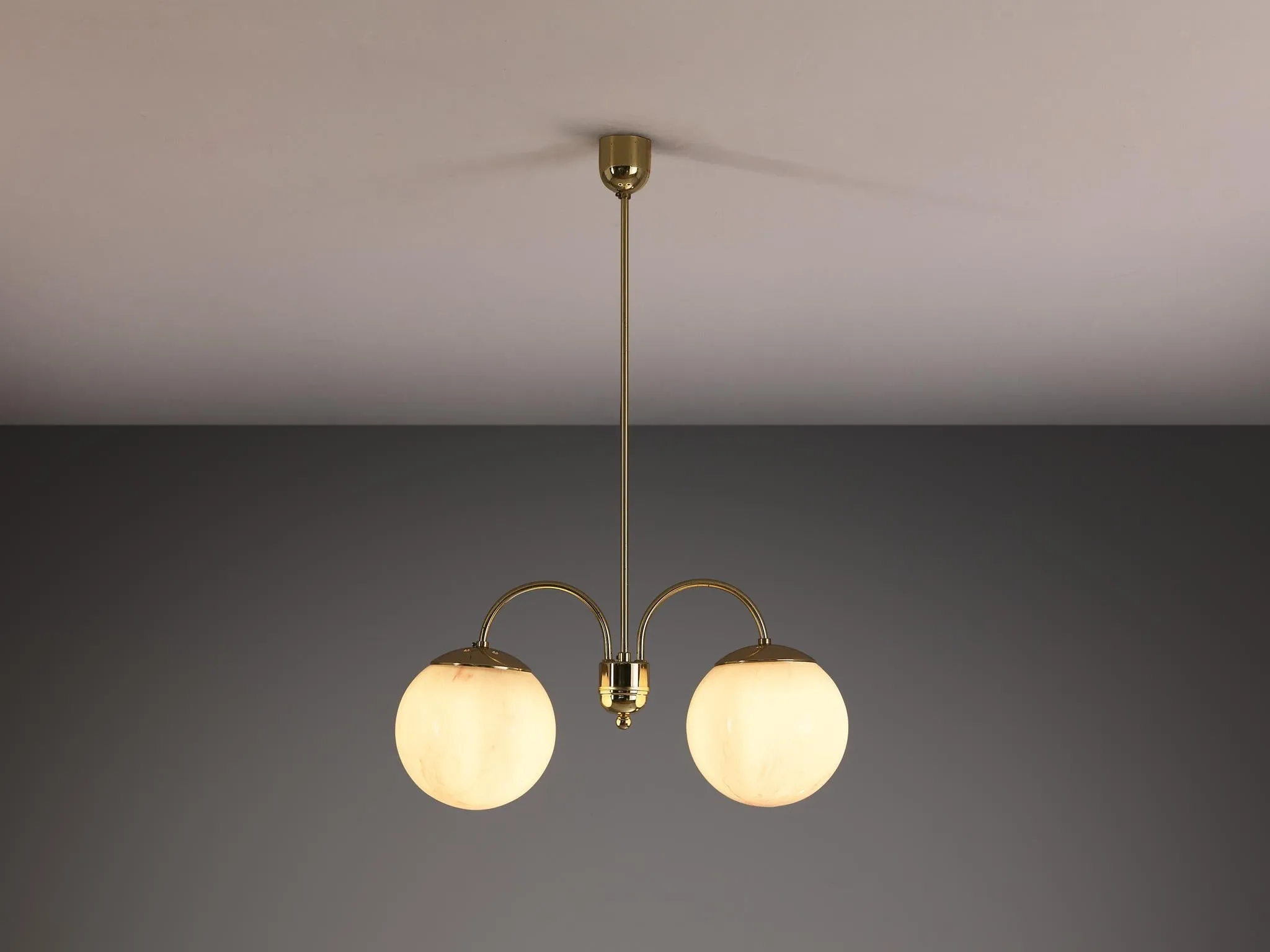 Chandelier with Pink Marbled Glass Spheres and Brass