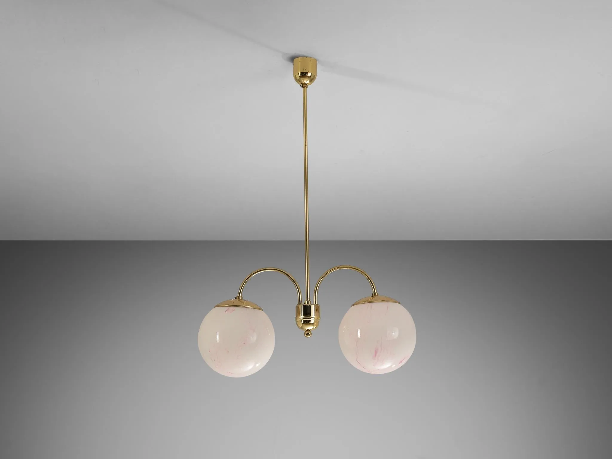 Chandelier with Pink Marbled Glass Spheres and Brass