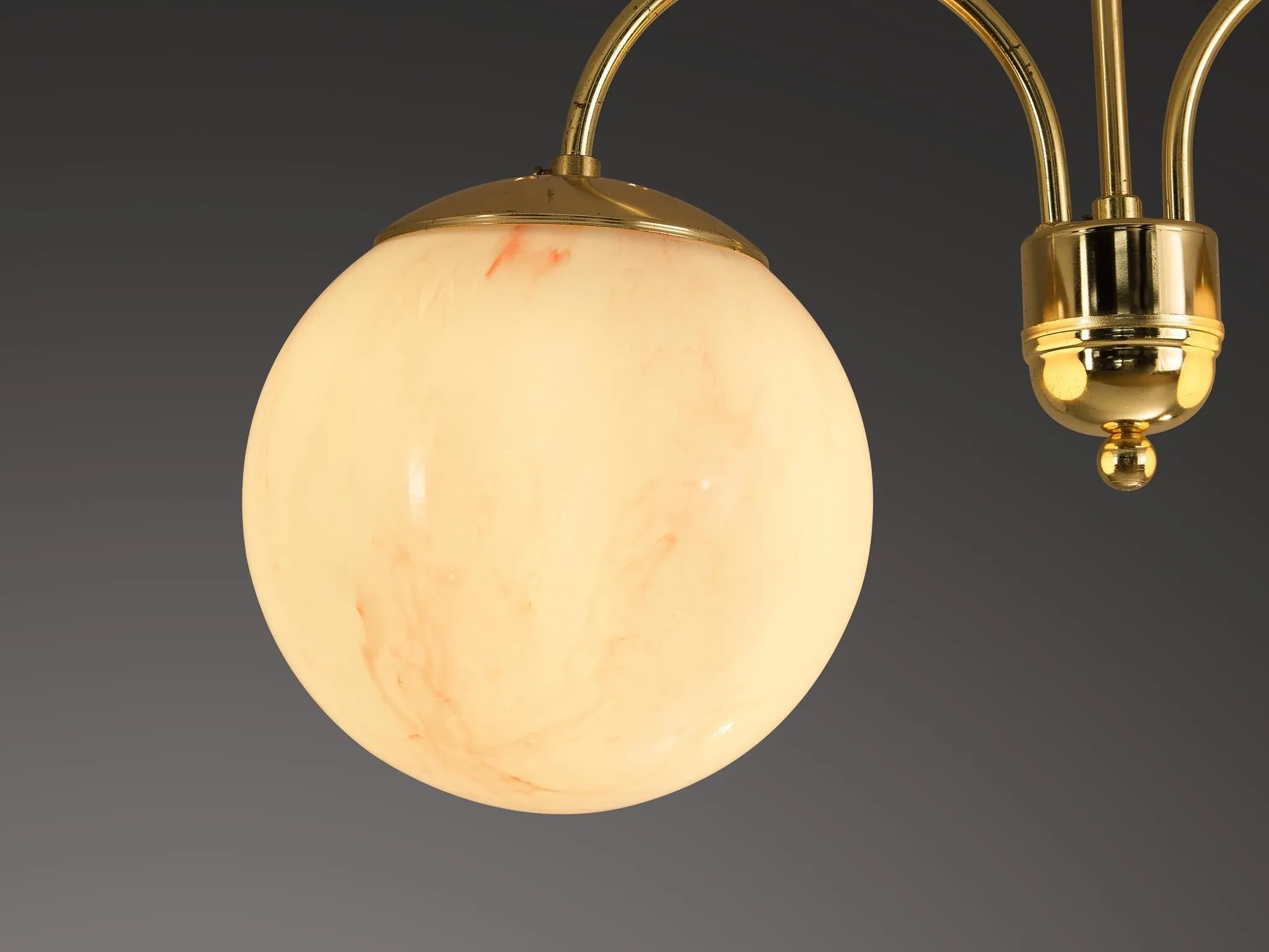 Chandelier with Pink Marbled Glass Spheres and Brass