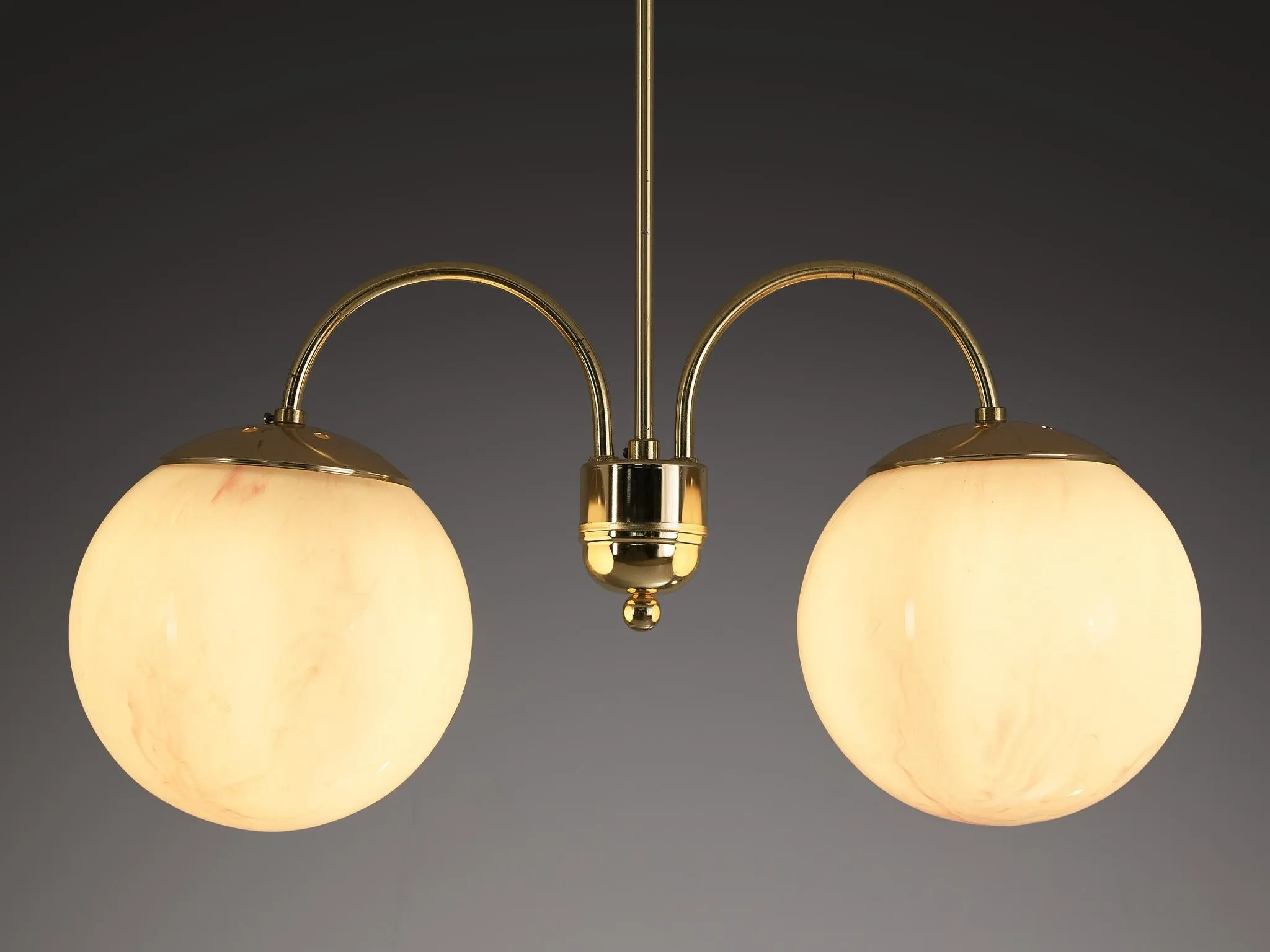 Chandelier with Pink Marbled Glass Spheres and Brass