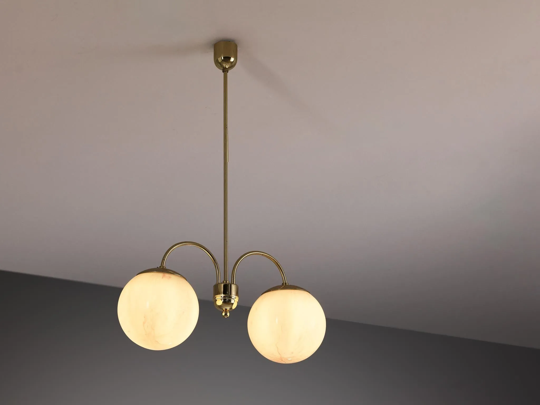 Chandelier with Pink Marbled Glass Spheres and Brass