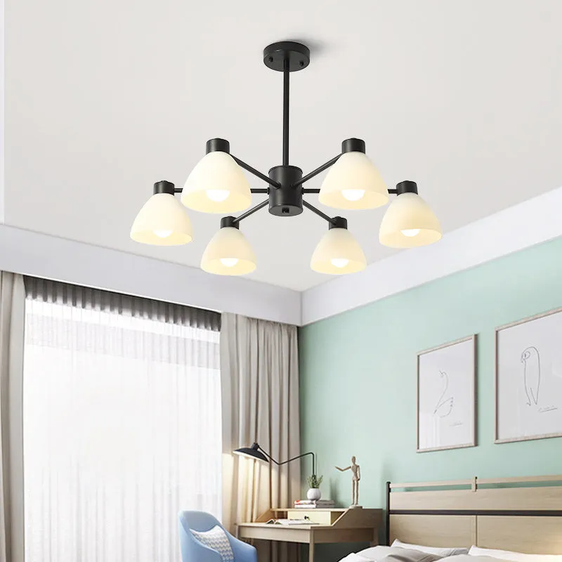 Dining Room Chandelier Lamp, Modern Style Black Finish with White Glass Shade, 6/8/12 Heads