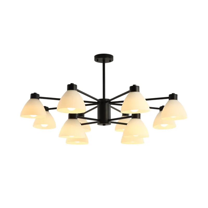 Dining Room Chandelier Lamp, Modern Style Black Finish with White Glass Shade, 6/8/12 Heads