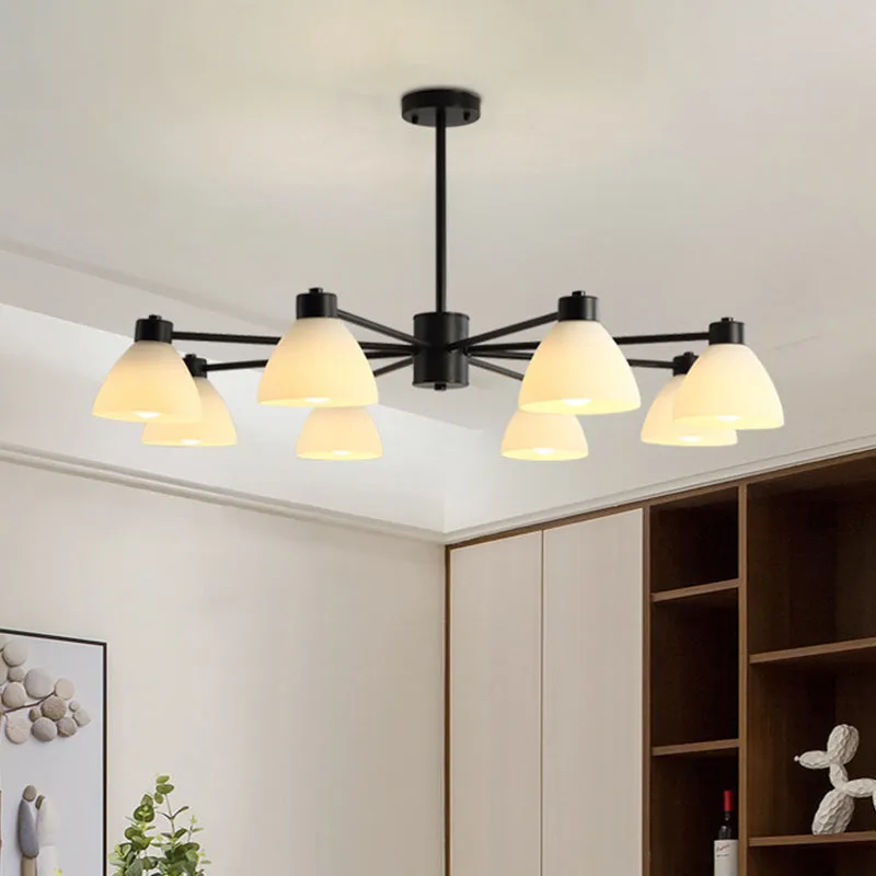 Dining Room Chandelier Lamp, Modern Style Black Finish with White Glass Shade, 6/8/12 Heads