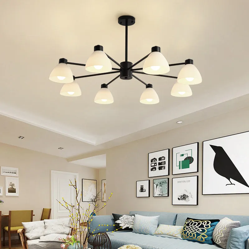 Dining Room Chandelier Lamp, Modern Style Black Finish with White Glass Shade, 6/8/12 Heads