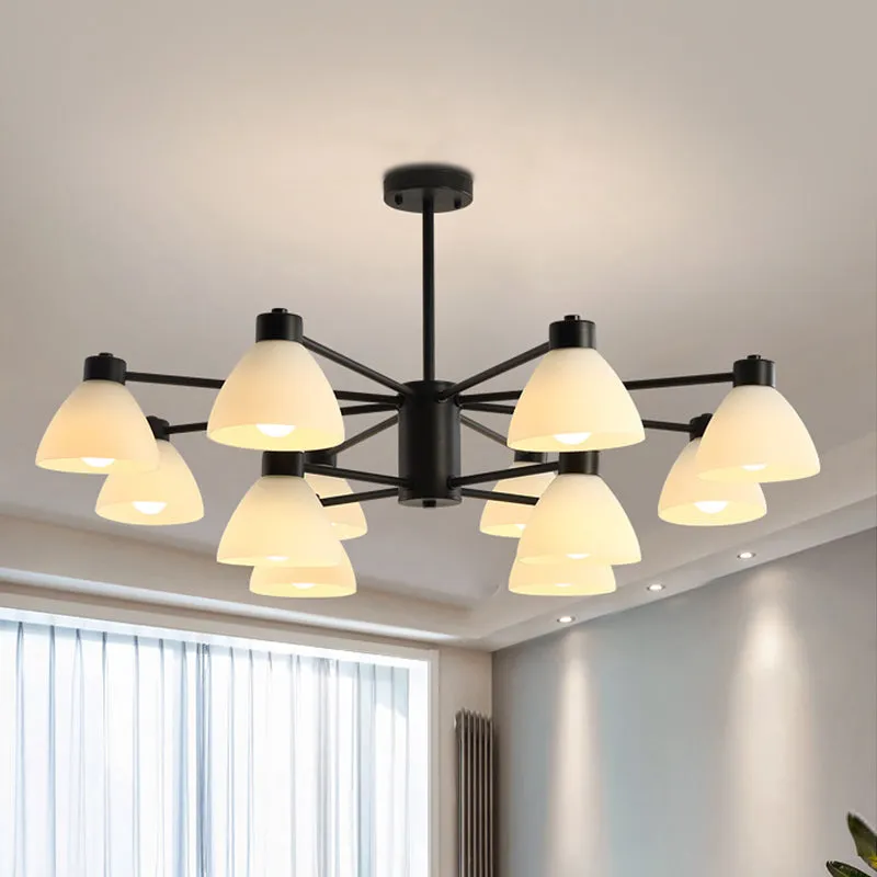 Dining Room Chandelier Lamp, Modern Style Black Finish with White Glass Shade, 6/8/12 Heads