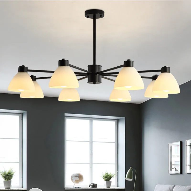 Dining Room Chandelier Lamp, Modern Style Black Finish with White Glass Shade, 6/8/12 Heads