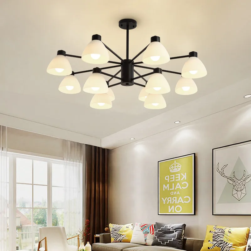 Dining Room Chandelier Lamp, Modern Style Black Finish with White Glass Shade, 6/8/12 Heads