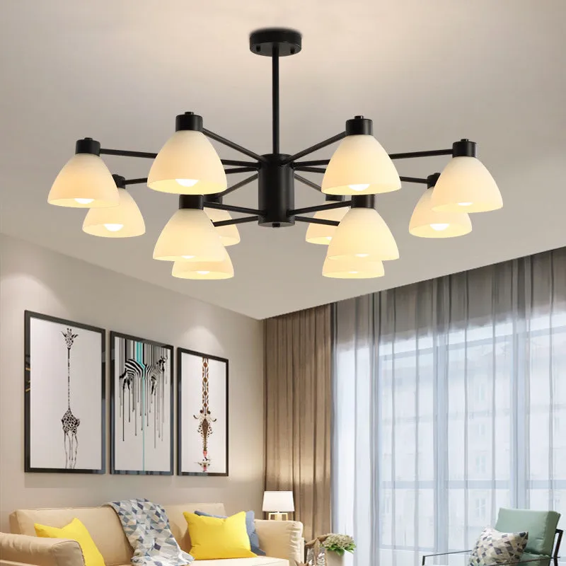 Dining Room Chandelier Lamp, Modern Style Black Finish with White Glass Shade, 6/8/12 Heads