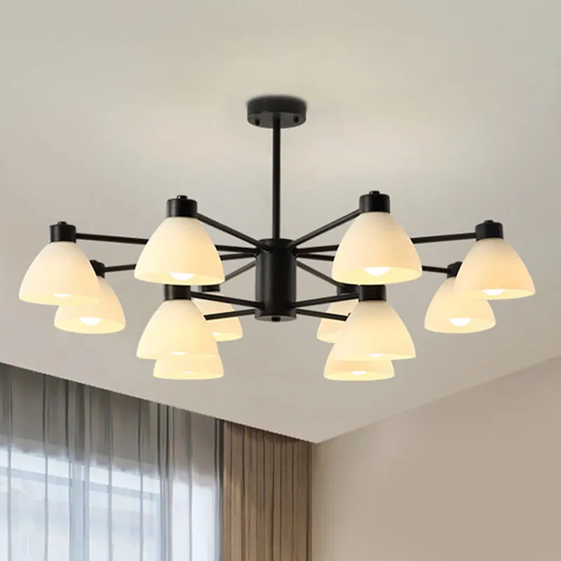 Dining Room Chandelier Lamp, Modern Style Black Finish with White Glass Shade, 6/8/12 Heads