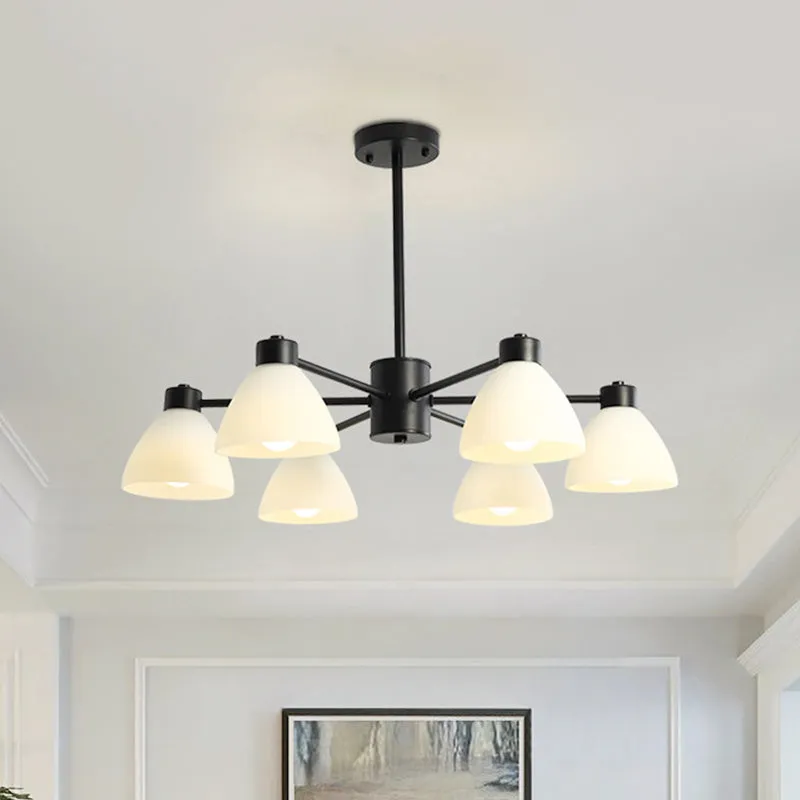 Dining Room Chandelier Lamp, Modern Style Black Finish with White Glass Shade, 6/8/12 Heads