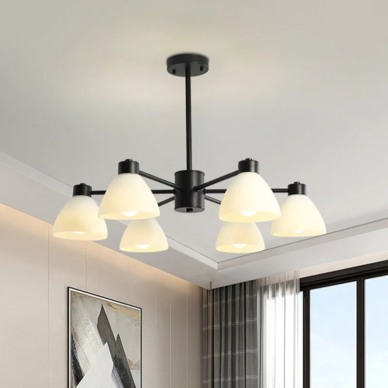 Dining Room Chandelier Lamp, Modern Style Black Finish with White Glass Shade, 6/8/12 Heads