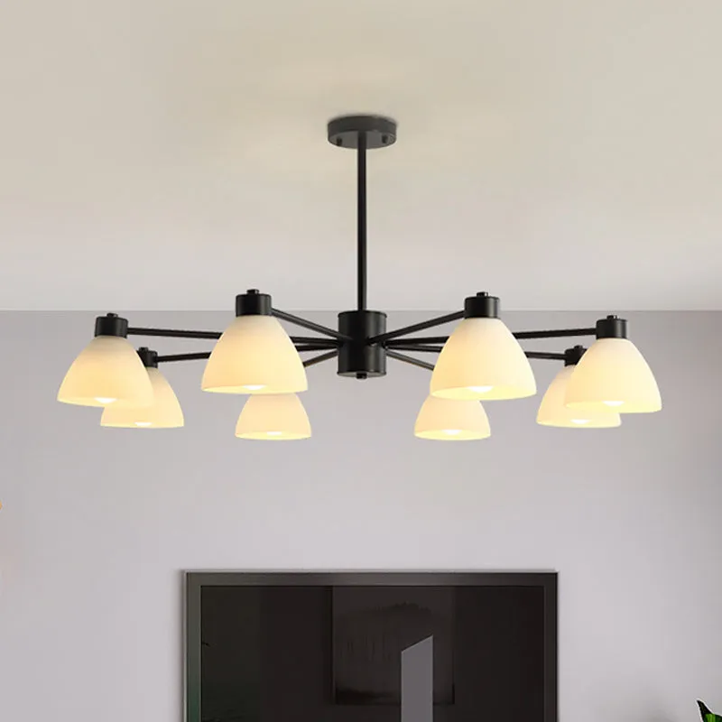 Dining Room Chandelier Lamp, Modern Style Black Finish with White Glass Shade, 6/8/12 Heads