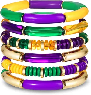 FAERLIIRY Mardi Gras Beaded Bracelets for Women Heishi Stretch Bracelets Mask Fleur De Lis Charm Bracelets Carnival Holiday Preppy Bracelets Jewelry