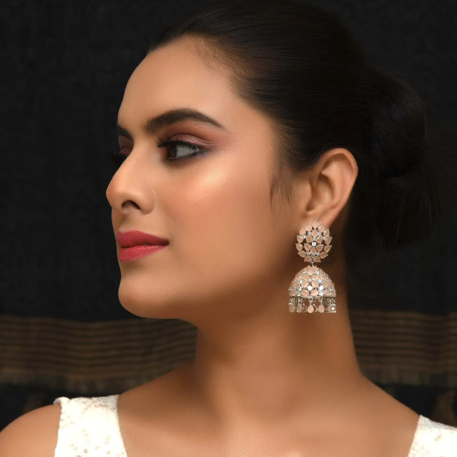 Jiya Peach Silver Plated American Diamond Jhumki