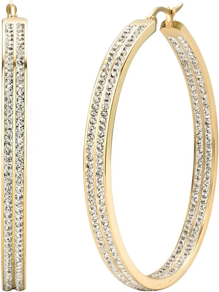 Jstyle Women's Stainless Steel Pierced Large Hoop Earrings with Rhinestone