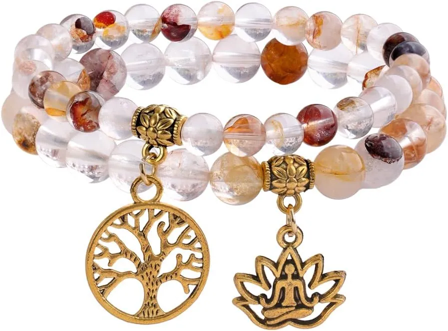 KSQS Healing Stone Bracelets for Women, Natural Semi Precious Gemstone Beads Yoga Chakra Bracelet, Tree of Life Lotus Stretch Bracelets for Anxiety and Stress