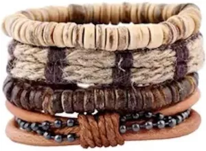 Leather Stack Bracelet for Women or Men, Hemp, Coconut Shell Beads, Waxed cord, Metal Beads, Leather cord