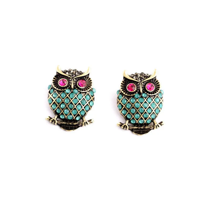 New Design Vintage Personality Imitation Gemstone Owl Women Stud Earrings Fashion Jewelry