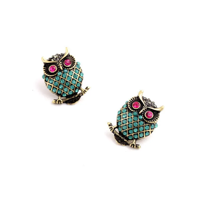 New Design Vintage Personality Imitation Gemstone Owl Women Stud Earrings Fashion Jewelry