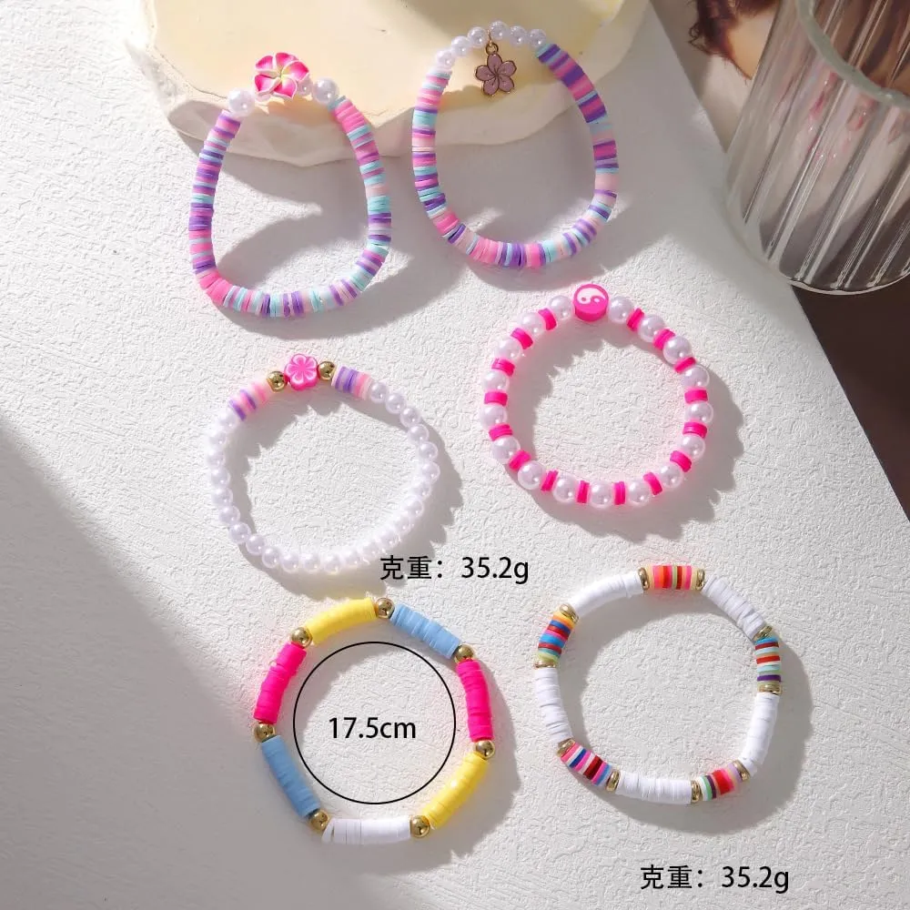 Polymer Clay Flower Shell Bracelet Set for Women Heishi Ocean Element Stretch Bracelet Colorful Surfer Bead Elastic Bracelets Simulated Pearls Tortoise Stackable Bracelets for Women Jewelry