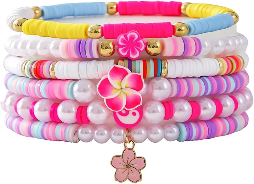 Polymer Clay Flower Shell Bracelet Set for Women Heishi Ocean Element Stretch Bracelet Colorful Surfer Bead Elastic Bracelets Simulated Pearls Tortoise Stackable Bracelets for Women Jewelry
