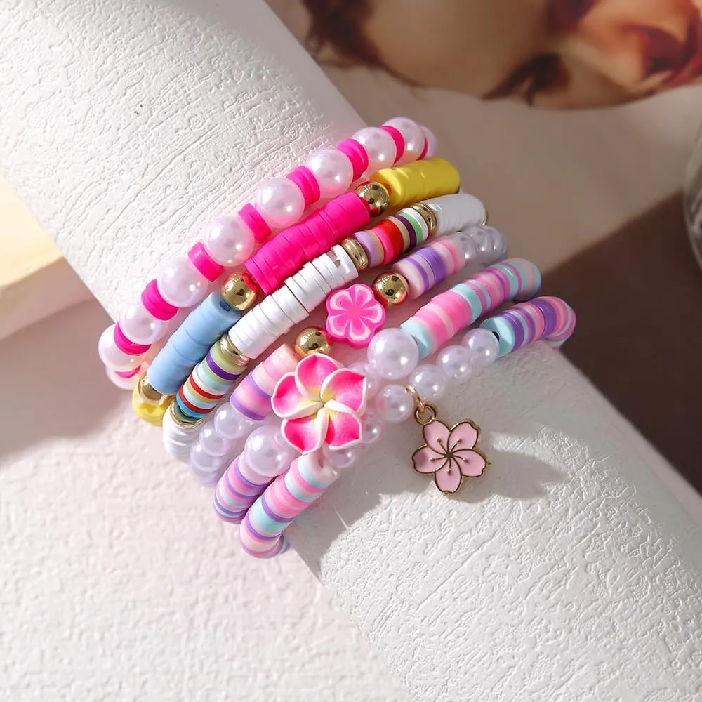 Polymer Clay Flower Shell Bracelet Set for Women Heishi Ocean Element Stretch Bracelet Colorful Surfer Bead Elastic Bracelets Simulated Pearls Tortoise Stackable Bracelets for Women Jewelry