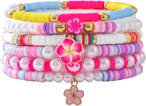 Polymer Clay Flower Shell Bracelet Set for Women Heishi Ocean Element Stretch Bracelet Colorful Surfer Bead Elastic Bracelets Simulated Pearls Tortoise Stackable Bracelets for Women Jewelry