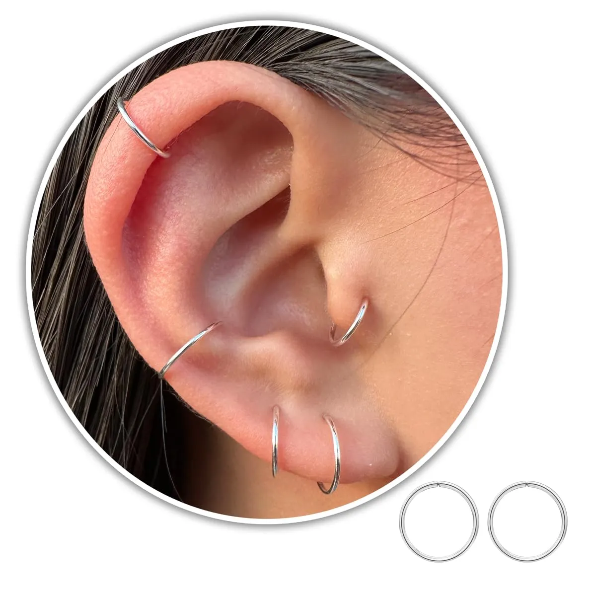 Small Gold Sterling Silver Huggie Hoop Earrings for Women Cartilage Nose Helix Tragus (Silver, 5mm 20 gauge / 1 pair)