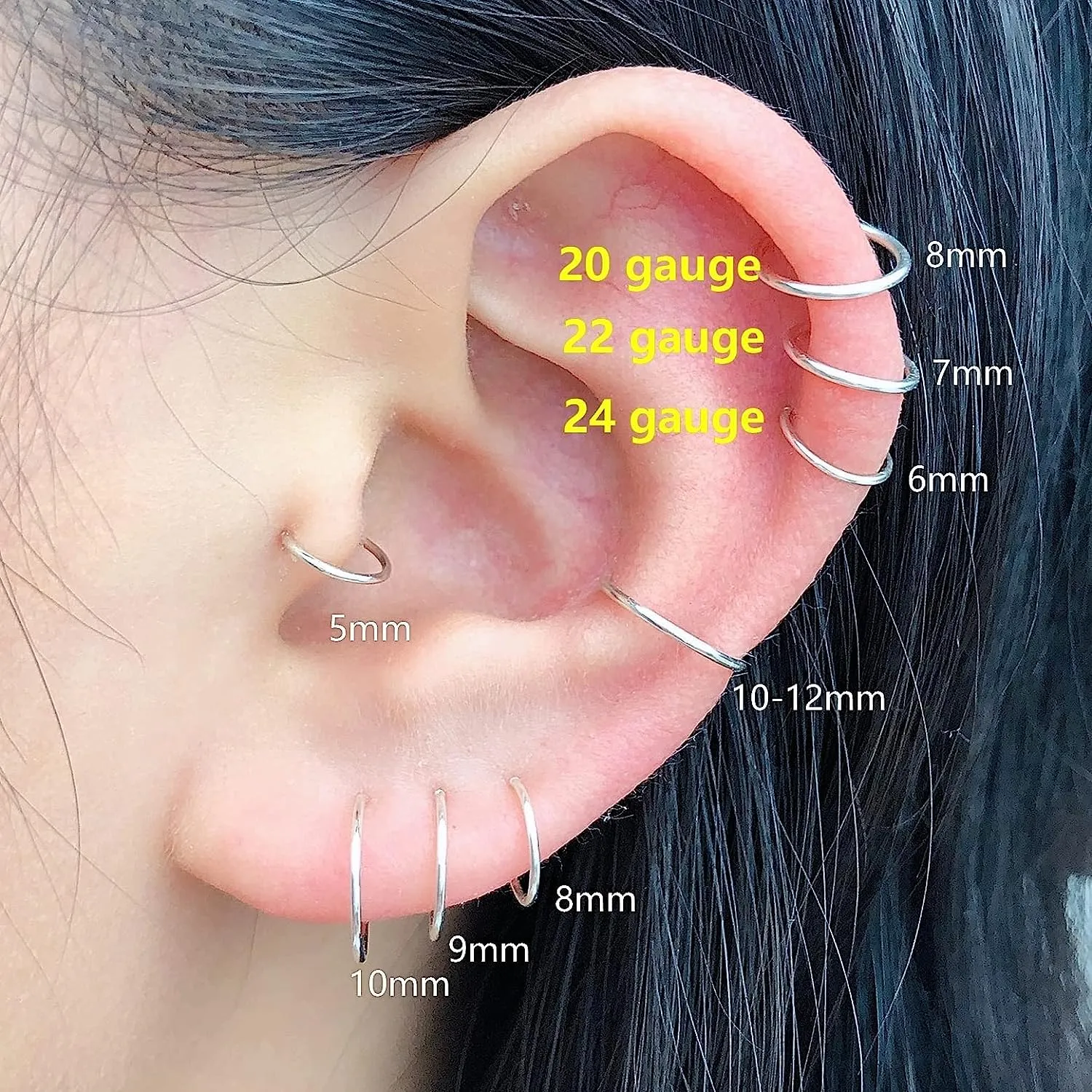 Small Gold Sterling Silver Huggie Hoop Earrings for Women Cartilage Nose Helix Tragus (Silver, 5mm 20 gauge / 1 pair)
