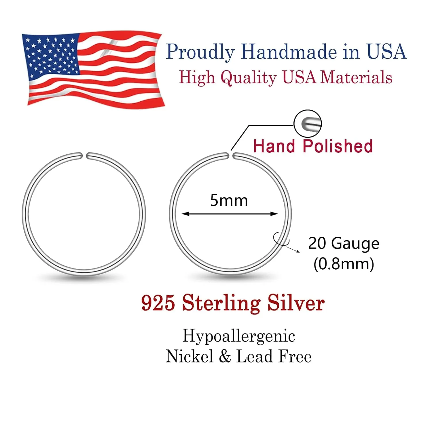 Small Gold Sterling Silver Huggie Hoop Earrings for Women Cartilage Nose Helix Tragus (Silver, 5mm 20 gauge / 1 pair)