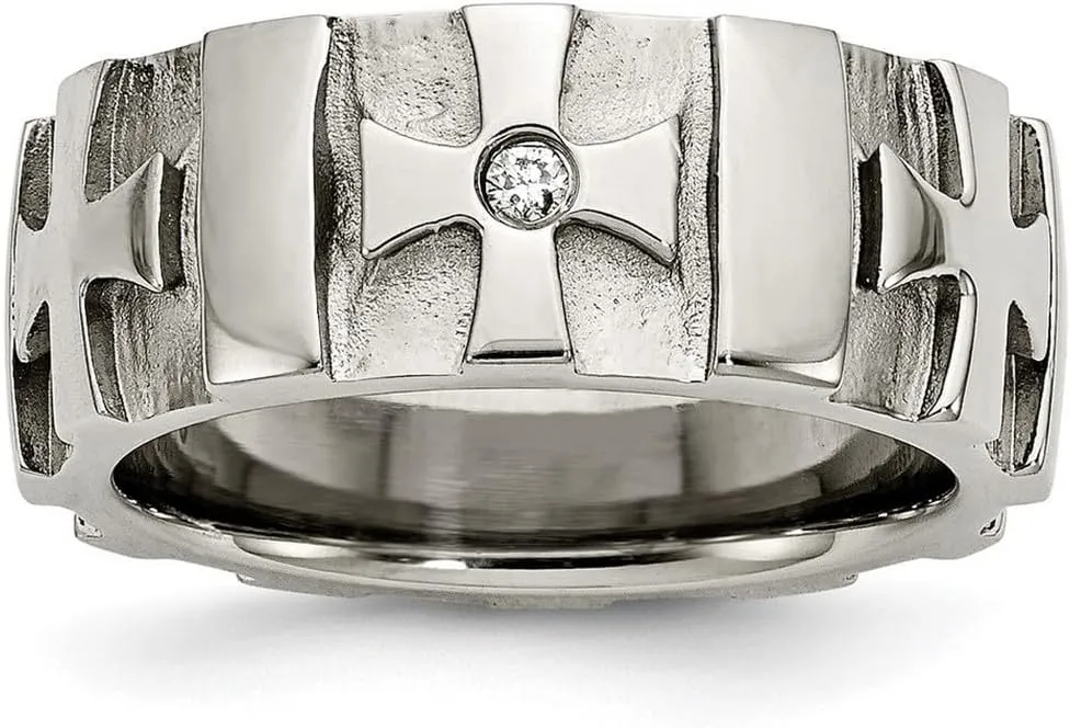 Stainless Steel Brushed Polished Religious Faith Crosses With Diamond 8.5mm Band Ring Size 9.5 - Jewelry Gift for Mom