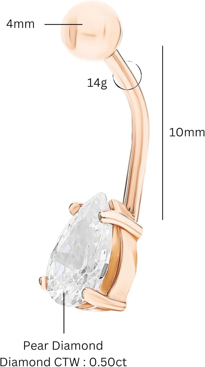 Tear Drop Belly Button Ring, 14K Solid Gold Belly Ring, Pear Shape Diamond (0.50ct) Belly, 14g Threaded Navel Ring, Gold Navel Piercing, Gift For Women